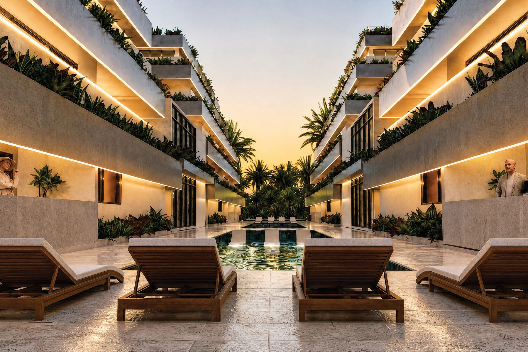 Rendering of the lap pool at Itza Golden Residences at dusk, towers lit behind it, in Cap Cana; one pool serves all 52 residences.
