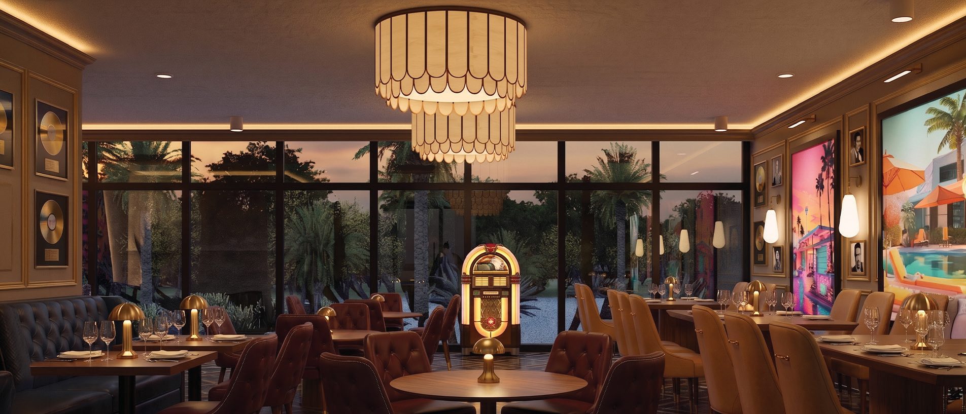 Recreación del restaurante abierto las 24 horas de Itza Golden Residences, uno de los espacios comunes de sus 52 residencias, con vistas al jardín y a la piscina.