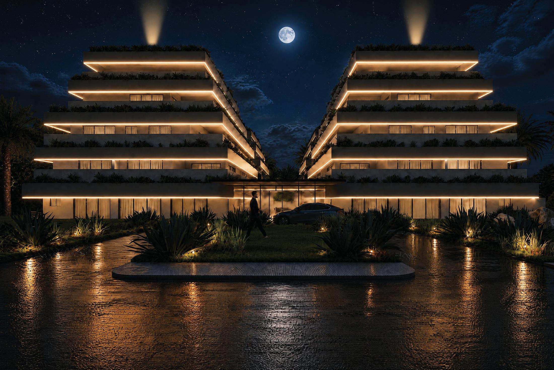 Rendering of the stepped towers of Itza Golden Residences lit at night in Golden Lakes, Cap Cana: 52 residences, planned for delivery in Q4 2029.